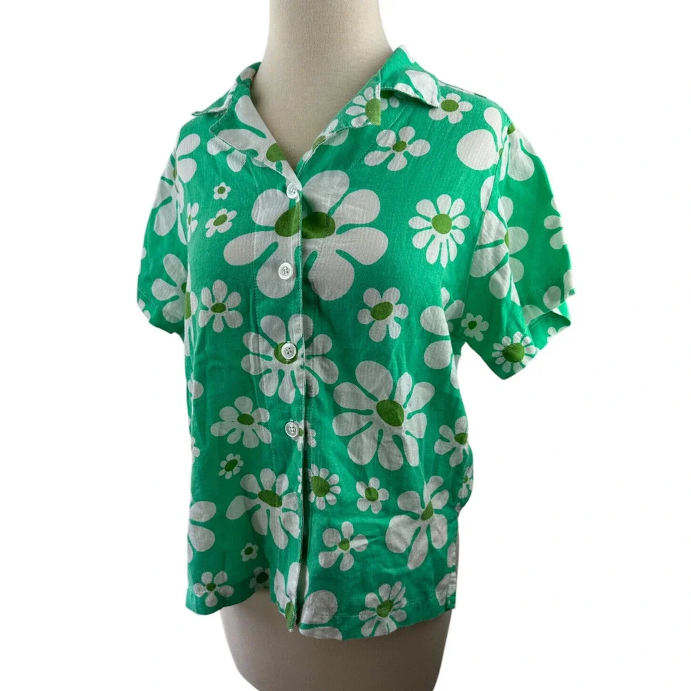 Big Bud Lazy Daisy Button Up Shirt Green Floral Print Top Cotton US Made Size XS - Picture 12 of 12